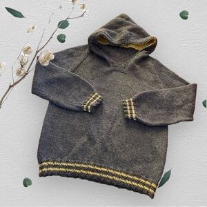 Handmade Hooded Oversized V-neck Sweater Gray with Yellow Accents Size Small